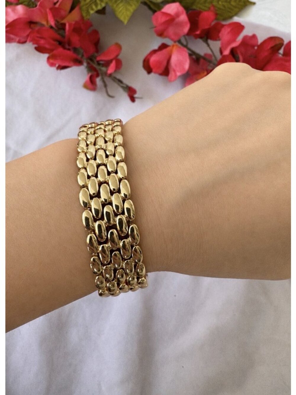 Open Edit Goldtone Rhodium Puffy Watchband Bracelet Stretch Bracelet NEW